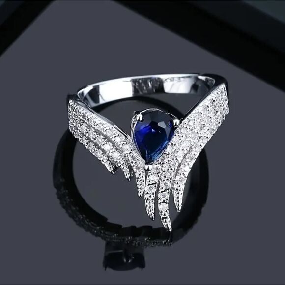 Wing Angel Ring with Inlaid Zircon Blue and Diamond Silver Plated - Picture 8 of 8